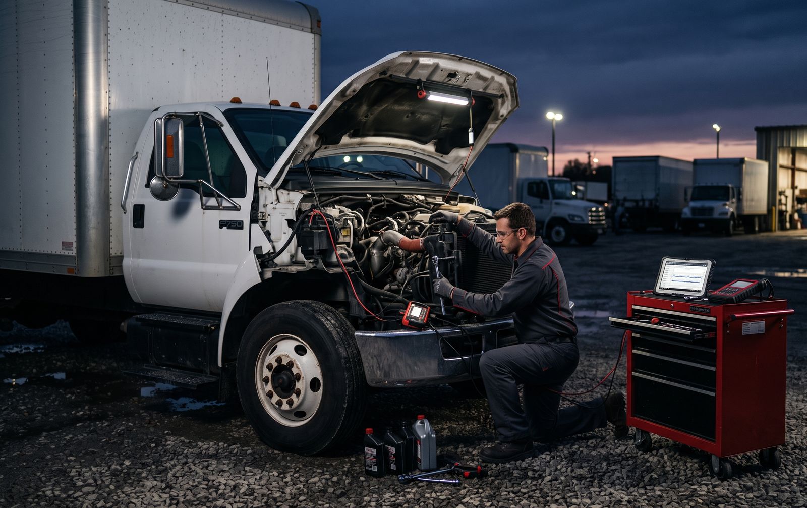 Mobile mechanic servicing a fleet truck at night