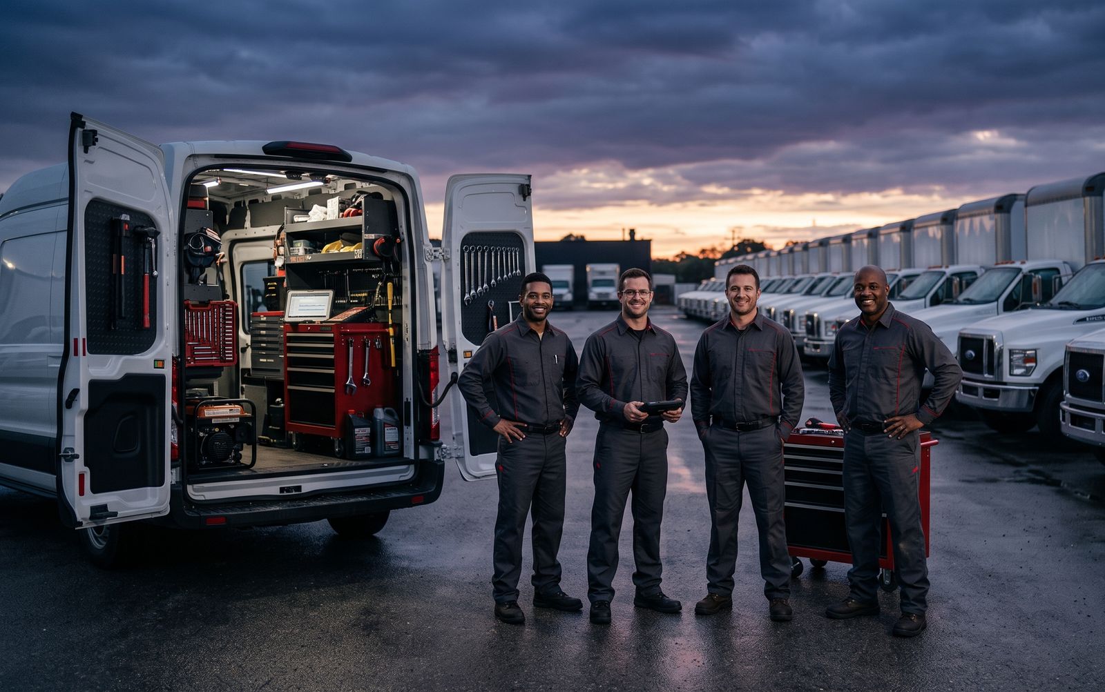 Autech mobile mechanic team with fleet trucks at dawn